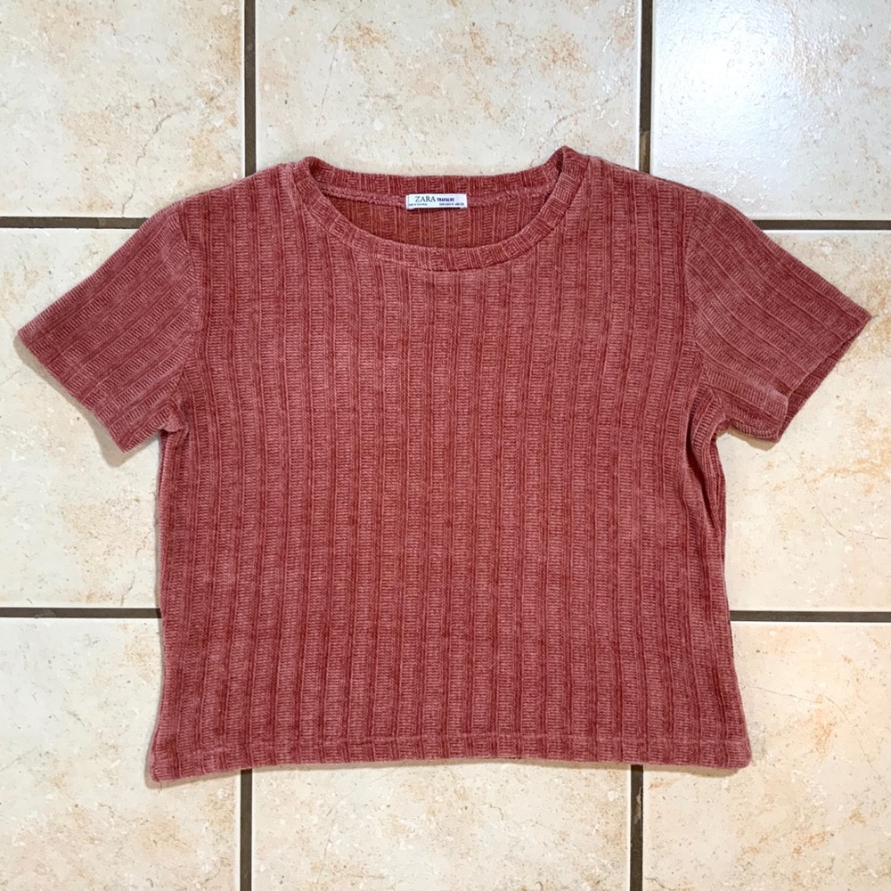 EUC Zara Chenille Textured Short Sleeve Crop Top M - Picture 6 of 13